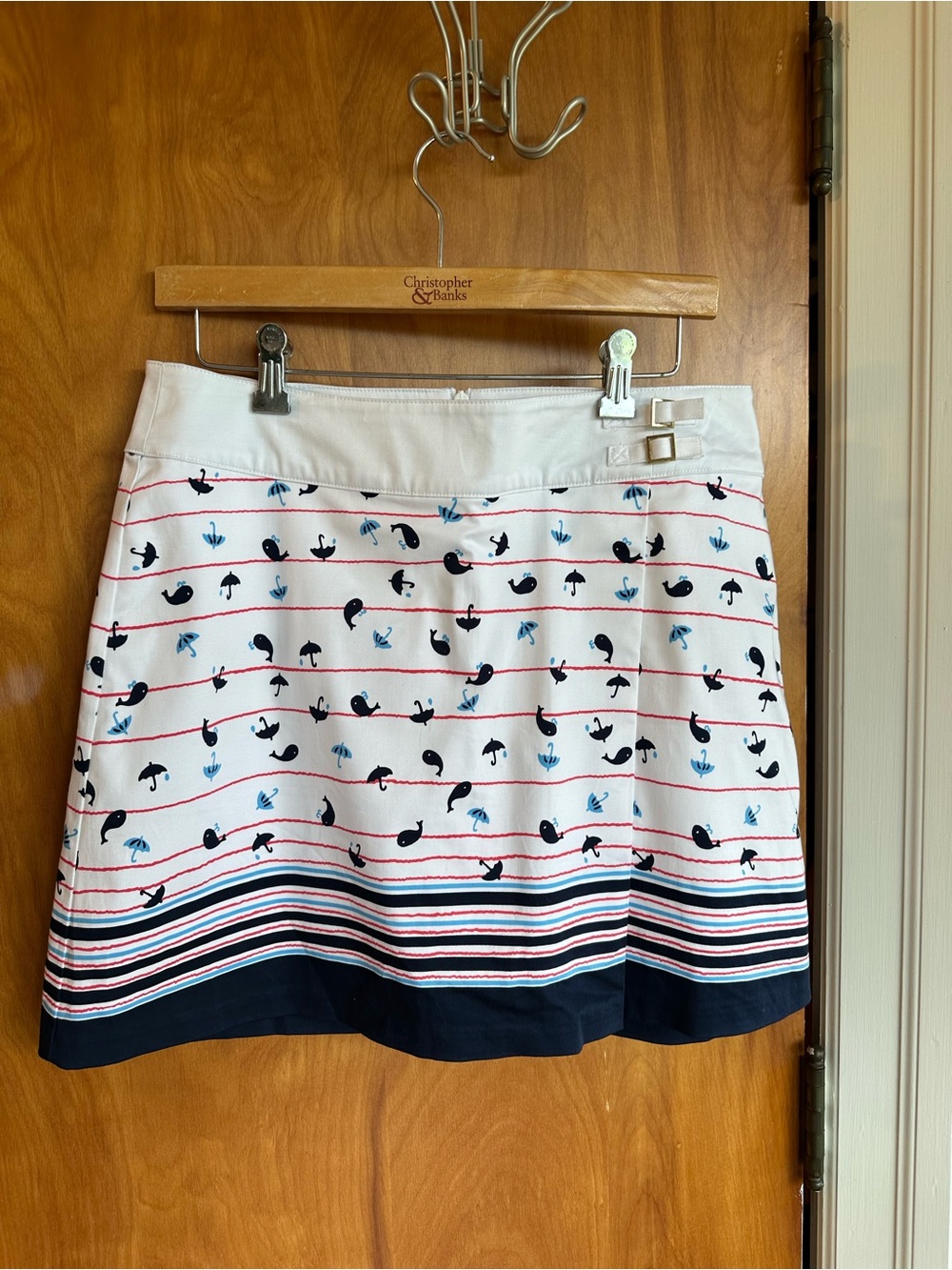 Lady Hagen White A-Line Skirt with Navy and Red Nautical Print